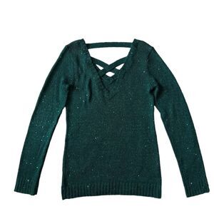 Guess Blue Green Knit V-Neck Sequins Crisscross Pullover Sweater Women's Medium